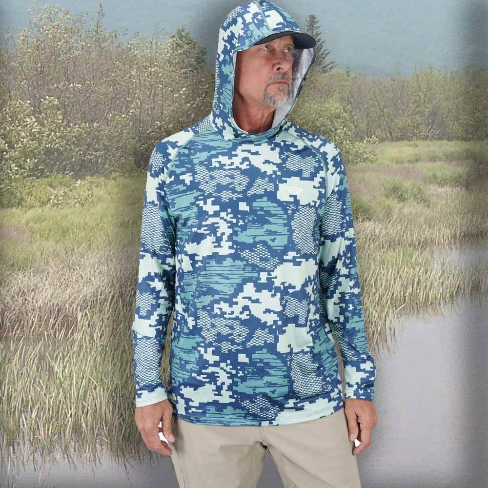 Abbigliamento Aftco, Camicia tattica Aftco Camo Teal Digi Camo L/S Performance con cappuccio